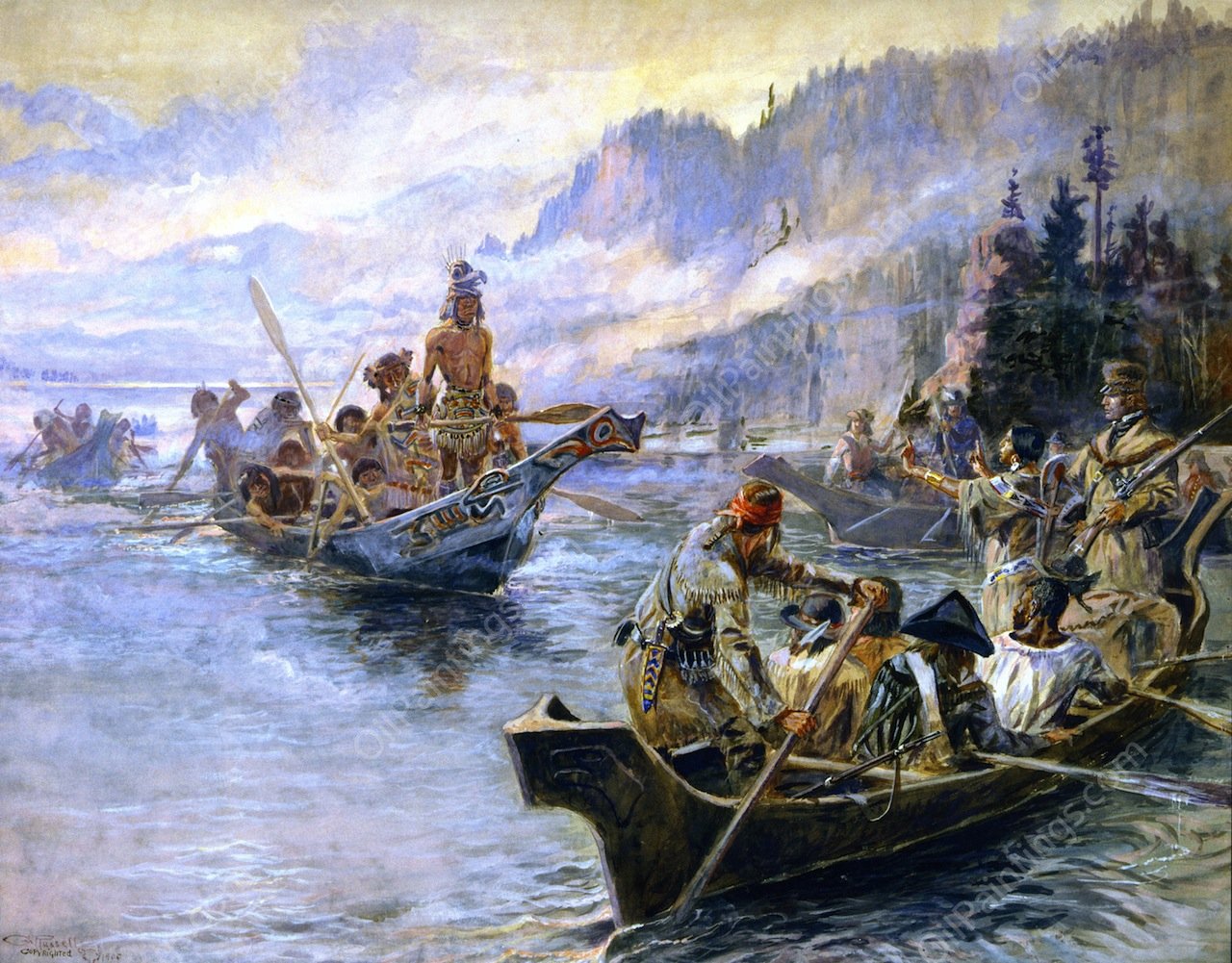 Lewis and Clark on the Lower Columbia by Charles Marion Russell - Hand-Painted Oil Painting Reproduction