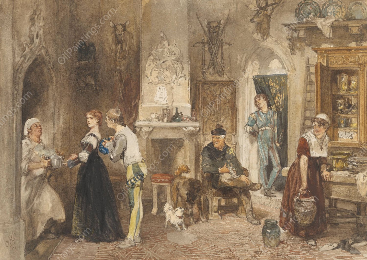 Bedienden van een kasteel in een voorvertrek verenigd  by Charles Rochussen - Hand-Painted Oil Painting Reproduction