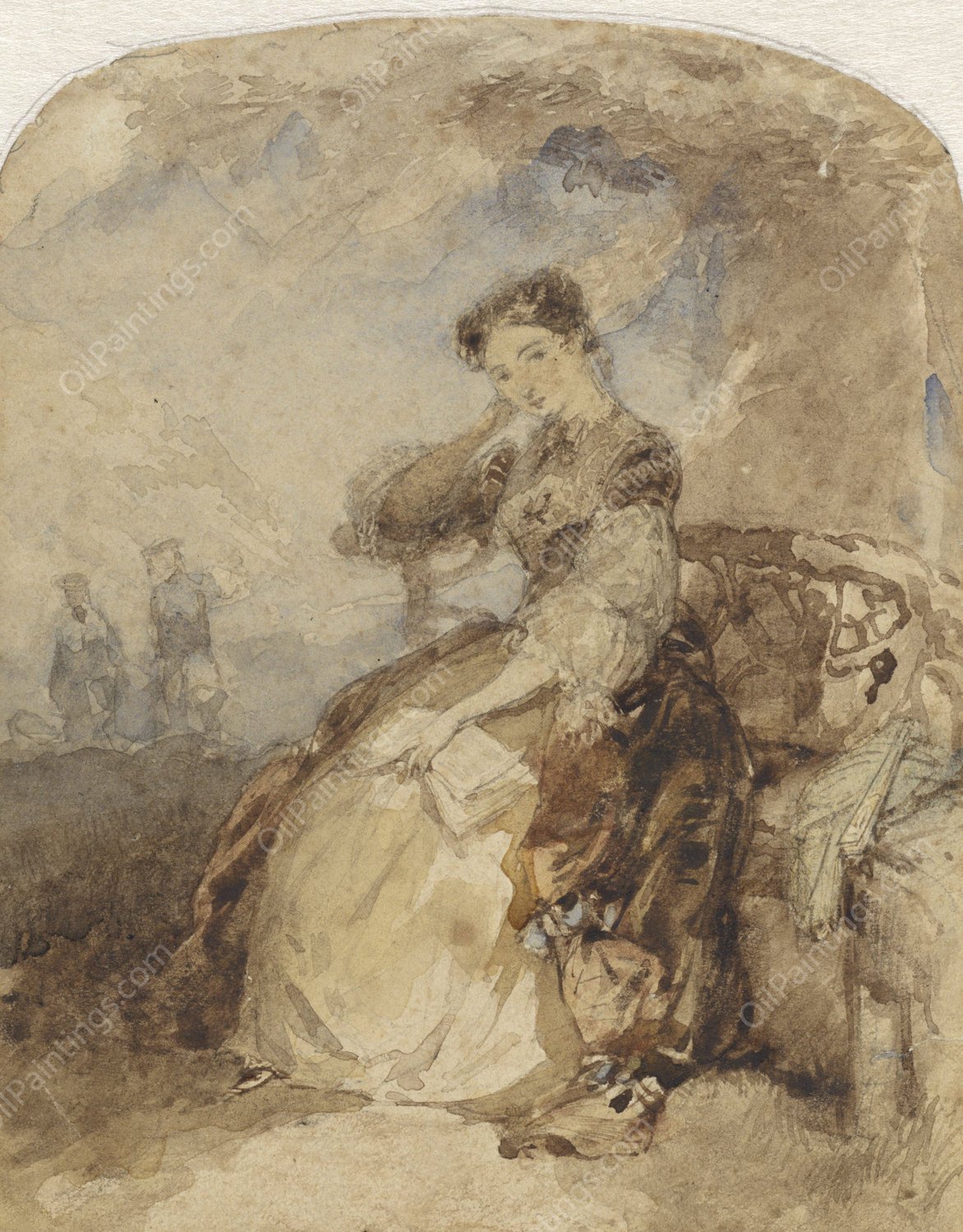 Dame zittend op een bankje onder een boom, met een boek in de hand  by Charles Rochussen - Hand-Painted Oil Painting Reproduction