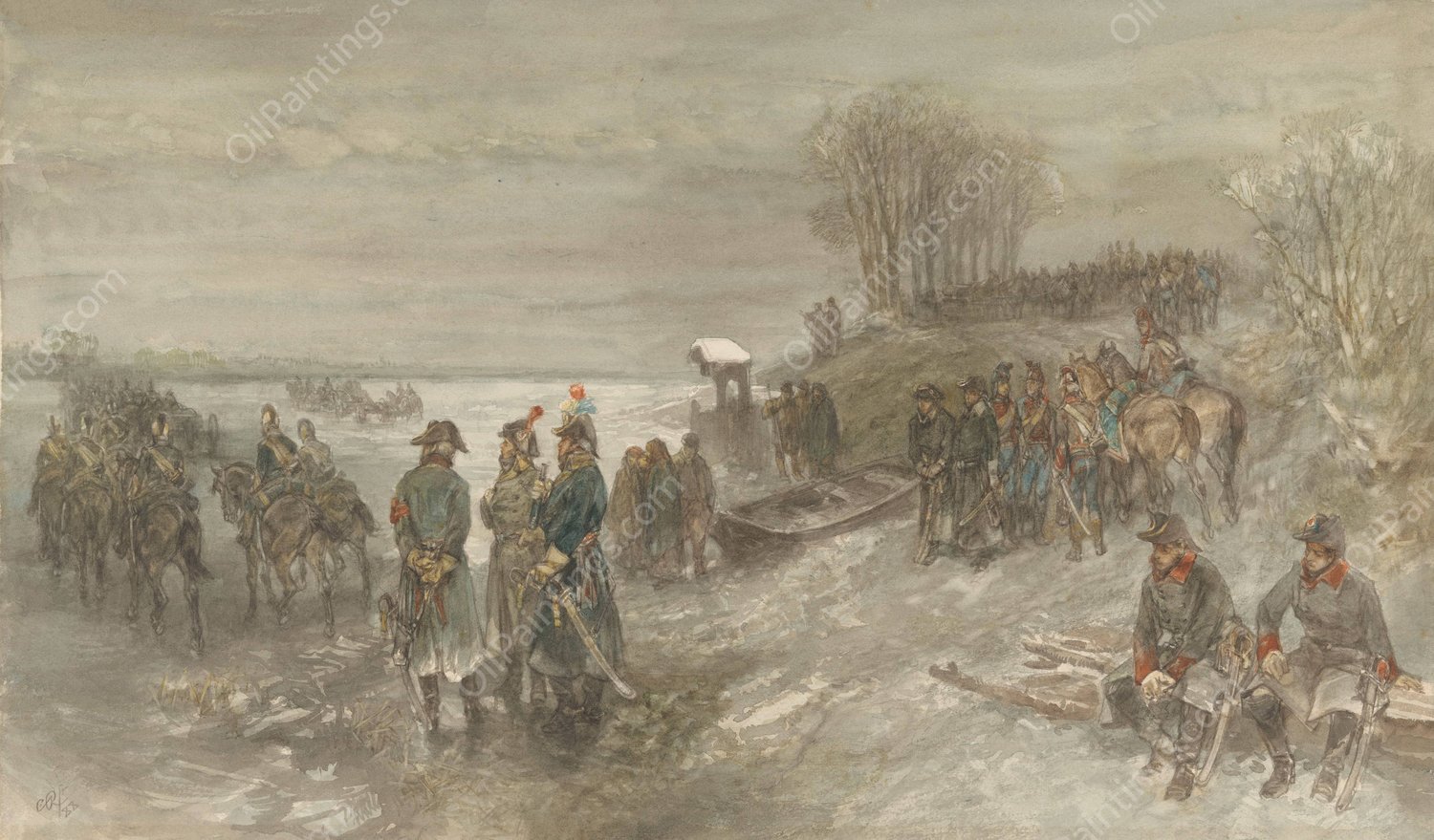 Franse troepen trekken over een bevroren rivier  by Charles Rochussen - Hand-Painted Oil Painting Reproduction