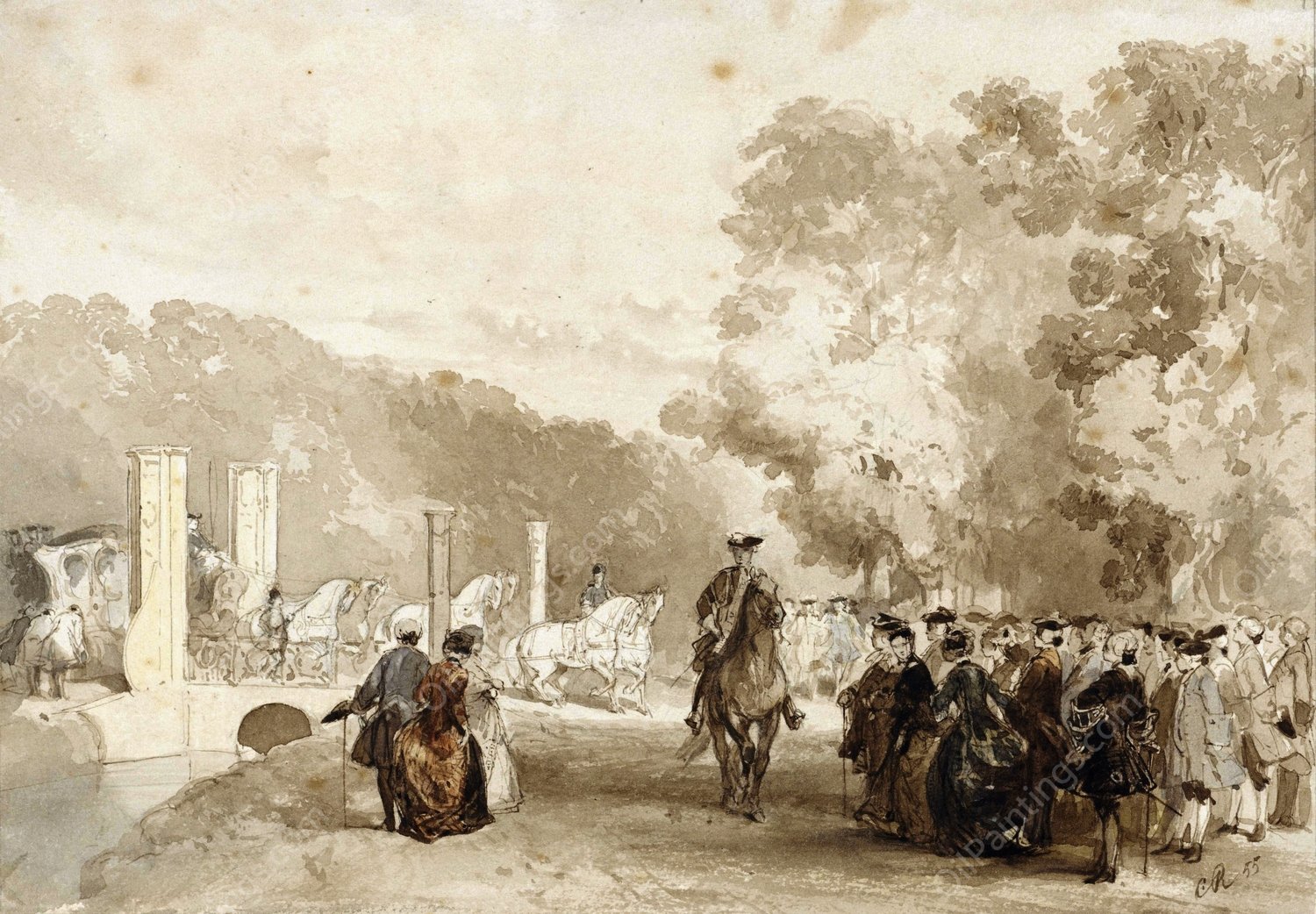 Koets van de Prins, die van de oprijlaan van Huis ten Bosch rijdt  by Charles Rochussen - Hand-Painted Oil Painting Reproduction