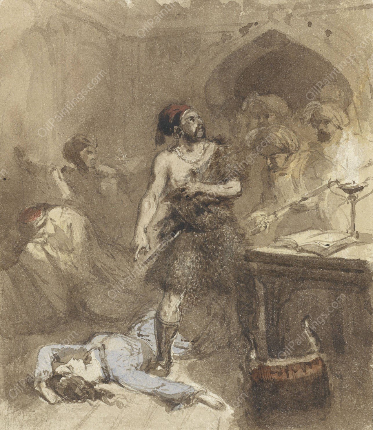 Man en op de grond liggende vrouw in een Moors vertrek  by Charles Rochussen - Hand-Painted Oil Painting Reproduction