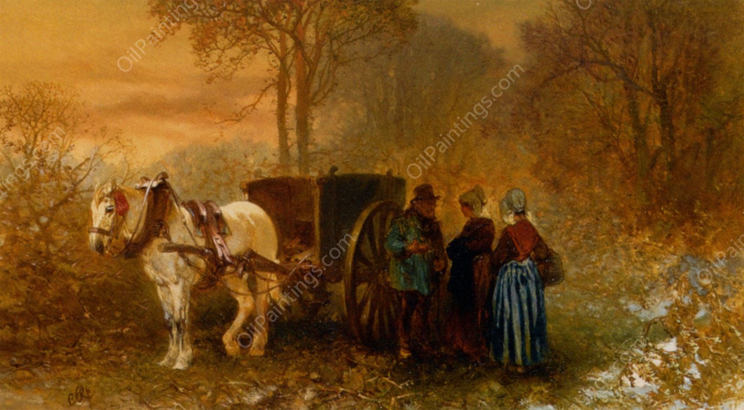 Travellers by a Horse and Cart in a Wooded Landscape by Charles Rochussen - Hand-Painted Oil Painting Reproduction