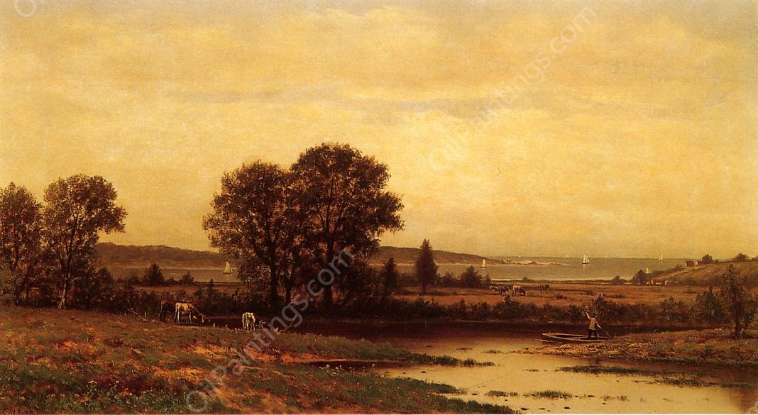 Grazing by the Water by Charles W. Knapp - Hand-Painted Oil Painting Reproduction