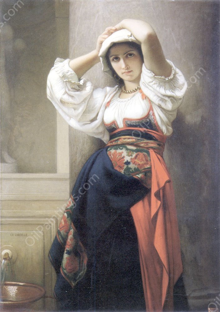 A Quick Rest by the Fountain by Charles Zacharie Landelle - Hand-Painted Oil Painting Reproduction