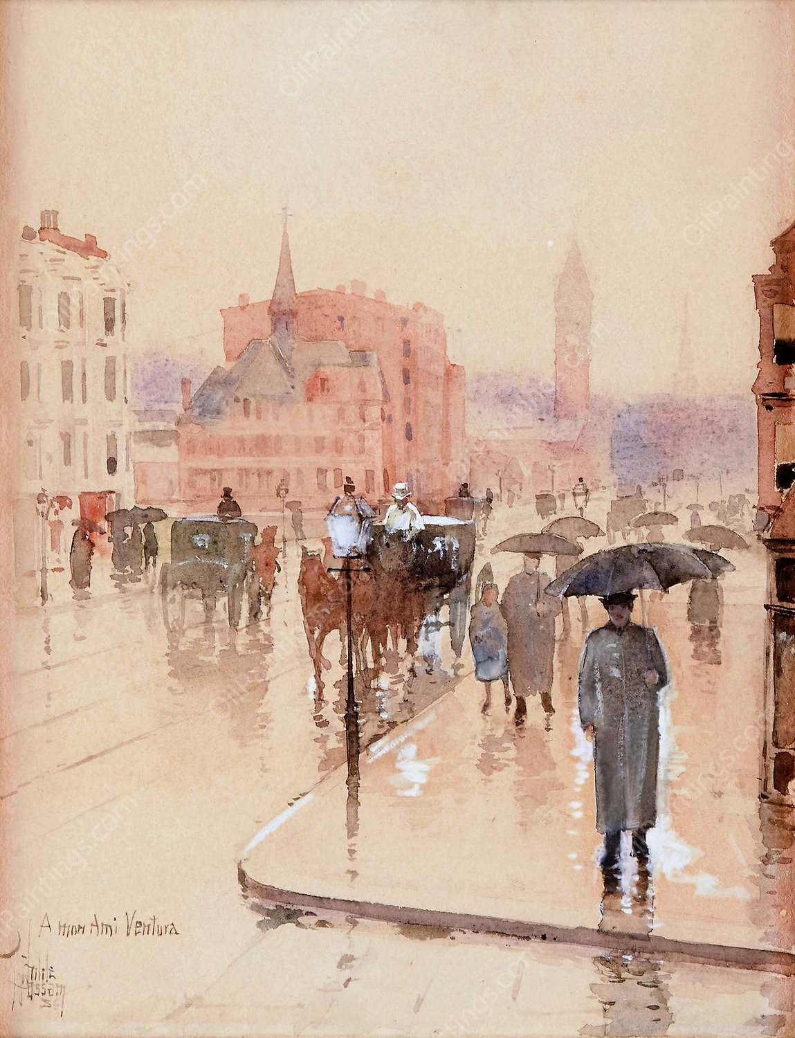 Rainy Day, Columbus Avenue, Boston  by Childe Hassam - Hand-Painted Oil Painting Reproduction