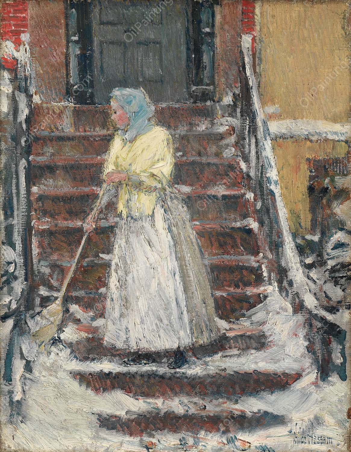 Sweeping Snow  by Childe Hassam - Hand-Painted Oil Painting Reproduction