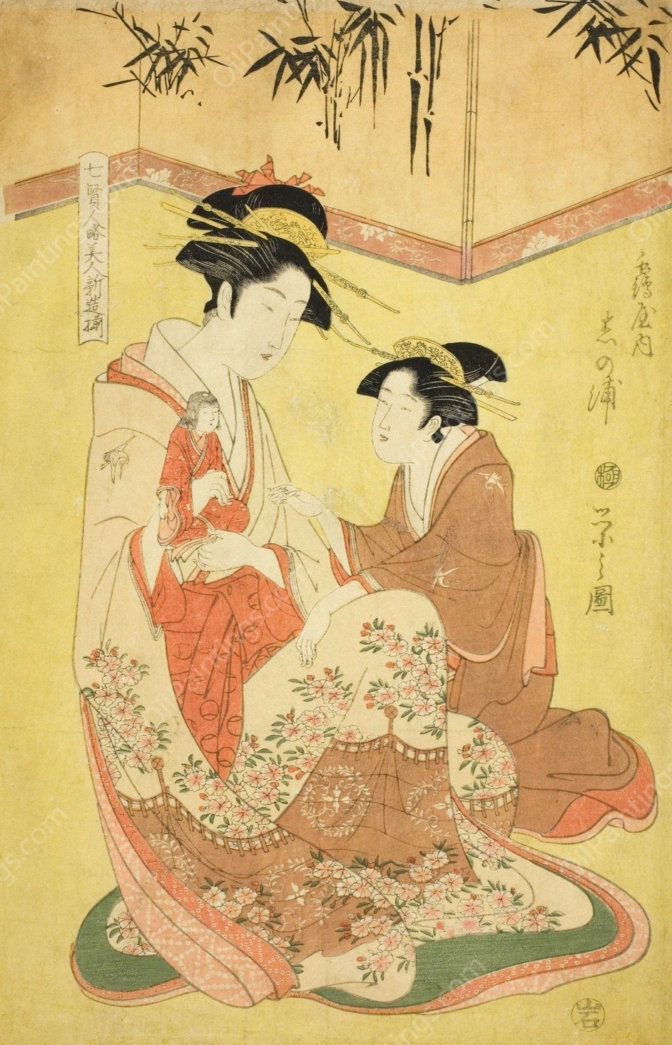 Beauties Parodying the Seven Sages - A Selection of Younger Courtesans  by Chobunsai Eishi - Hand-Painted Oil Painting Reproduction