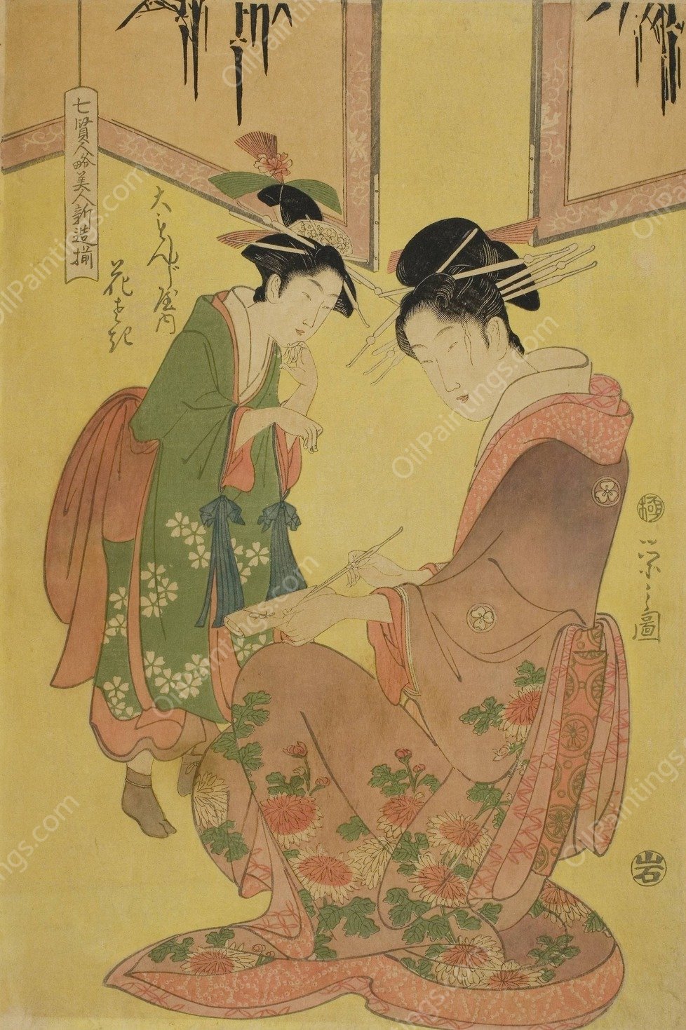 Beauties Parodying the Seven Sages - A Selection of Younger Courtesans  by Chobunsai Eishi - Hand-Painted Oil Painting Reproduction
