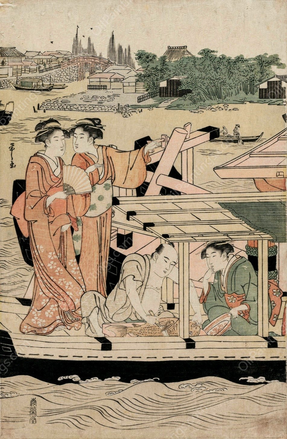 Boating Party on the Sumida River  by Chobunsai Eishi - Hand-Painted Oil Painting Reproduction