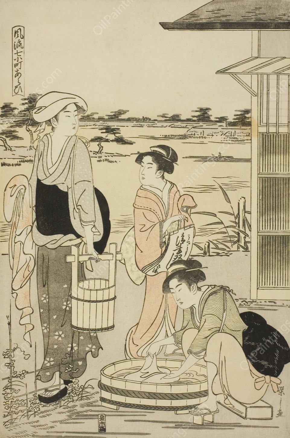 Ono no Komachi Washing the Copybook, from the series The Fashionable Seven Komachi  by Chobunsai Eishi - Hand-Painted Oil Painting Reproduction