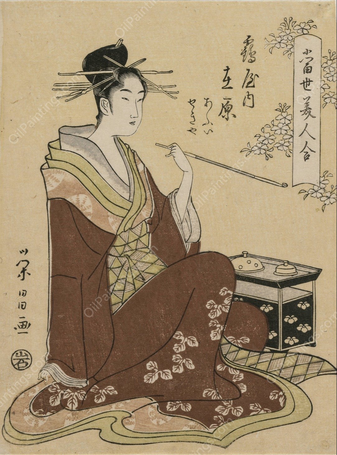 The Courtesan Ariwara of the Tsuruya Seated by a Smoking Chest  by Chobunsai Eishi - Hand-Painted Oil Painting Reproduction