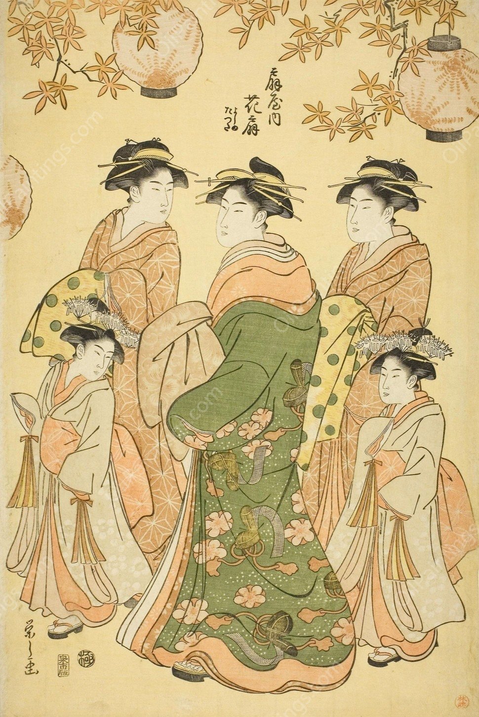 The Courtesan Hanaogi of the Ogiya, with Child Attendants Yoshino and Tatsuta  by Chobunsai Eishi - Hand-Painted Oil Painting Reproduction