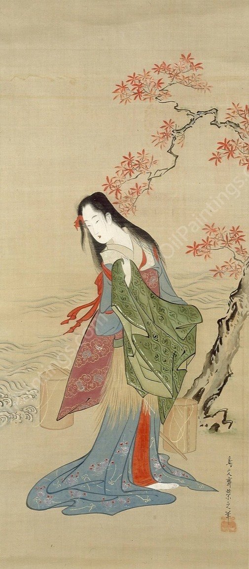 The Salt Maidens, Matsukaze with Yukihira's Coat  by Chobunsai Eishi - Hand-Painted Oil Painting Reproduction