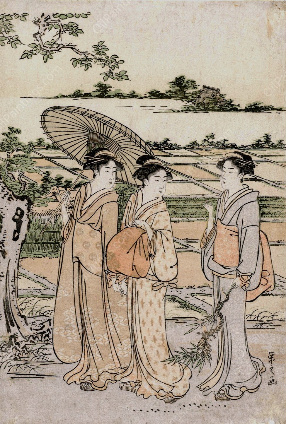Three Women Strolling in the Countryside  by Chobunsai Eishi - Hand-Painted Oil Painting Reproduction
