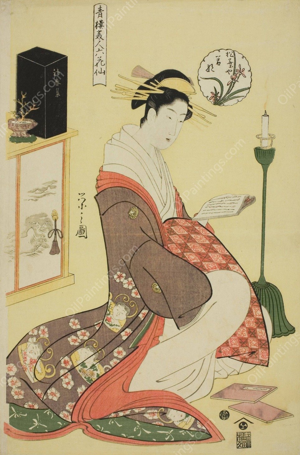 Wakana of the Matsubaya, from the series 'Beauties of the Pleasure Quarters as the Six Floral Immortals'  by Chobunsai Eishi - Hand-Painted Oil Painting Reproduction
