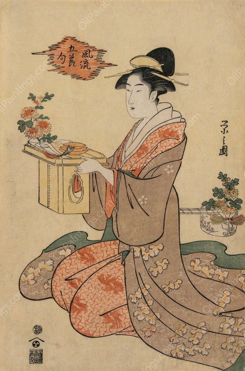 Woman Holding a Wooden Cup Stand Decorated with Chrysanthemums  by Chobunsai Eishi - Hand-Painted Oil Painting Reproduction