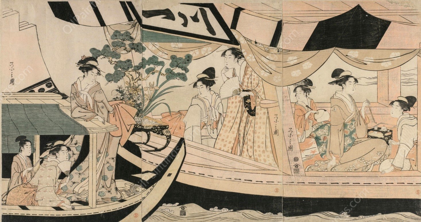 Women in a Pleasure Boat on the Sumida River  by Chobunsai Eishi - Hand-Painted Oil Painting Reproduction