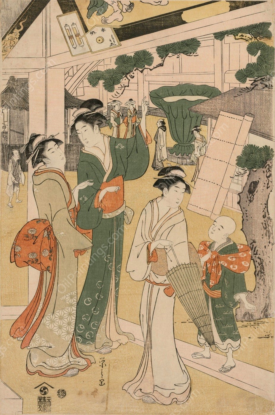 Women Visiting a Tea Stall on the Precincts of a Temple  by Chobunsai Eishi - Hand-Painted Oil Painting Reproduction