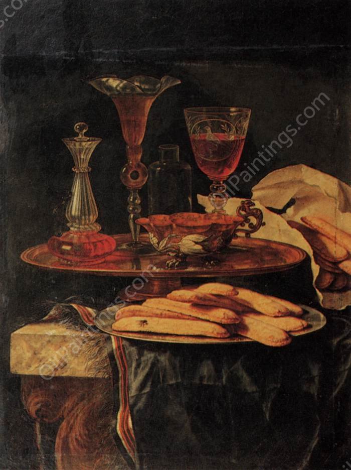 Still-Life with Crystal Glasses and Sponge-Cakes by Christian Berentz - Hand-Painted Oil Painting Reproduction