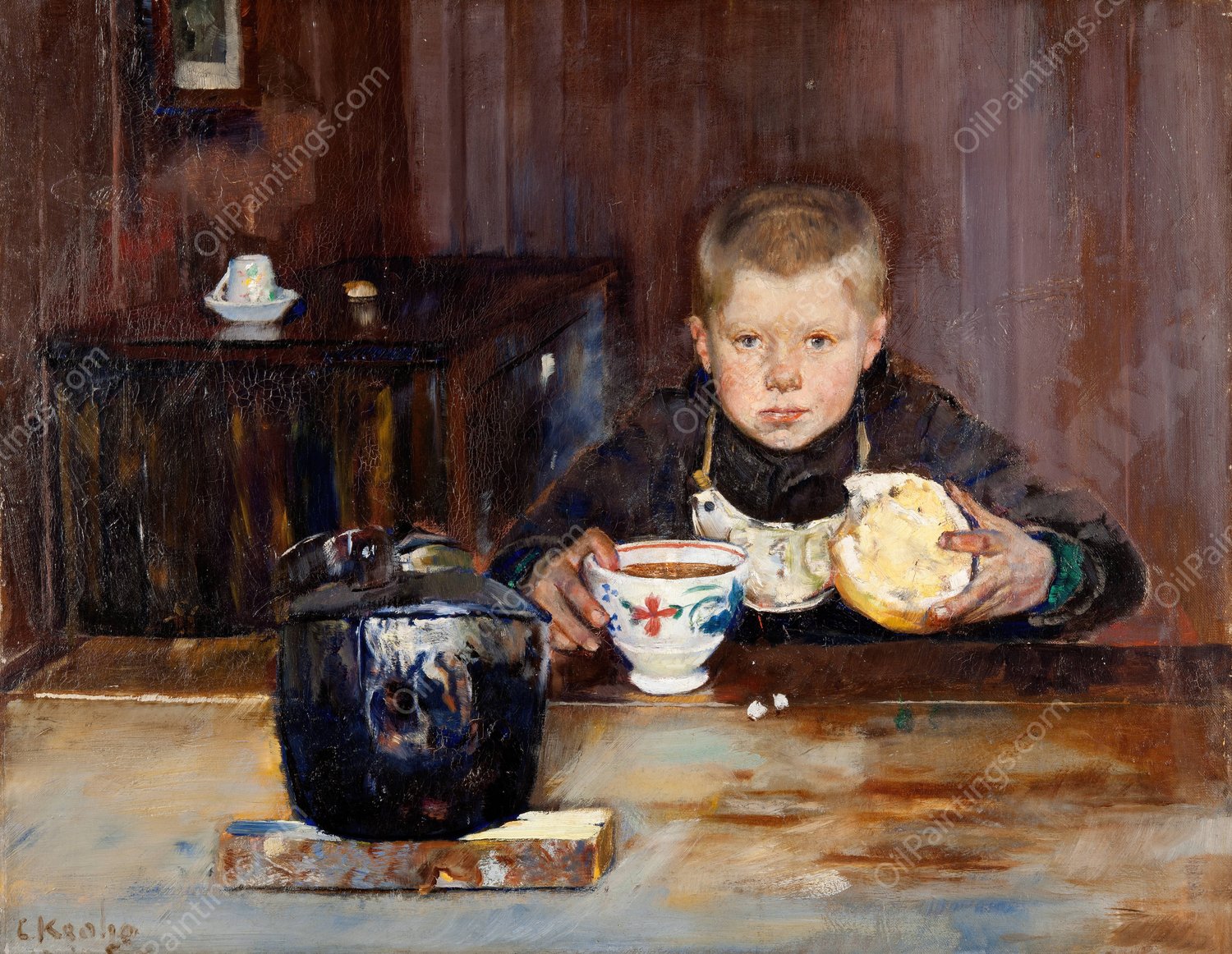 Errand-Boy Drinking Coffee  by Christian Krohg - Hand-Painted Oil Painting Reproduction