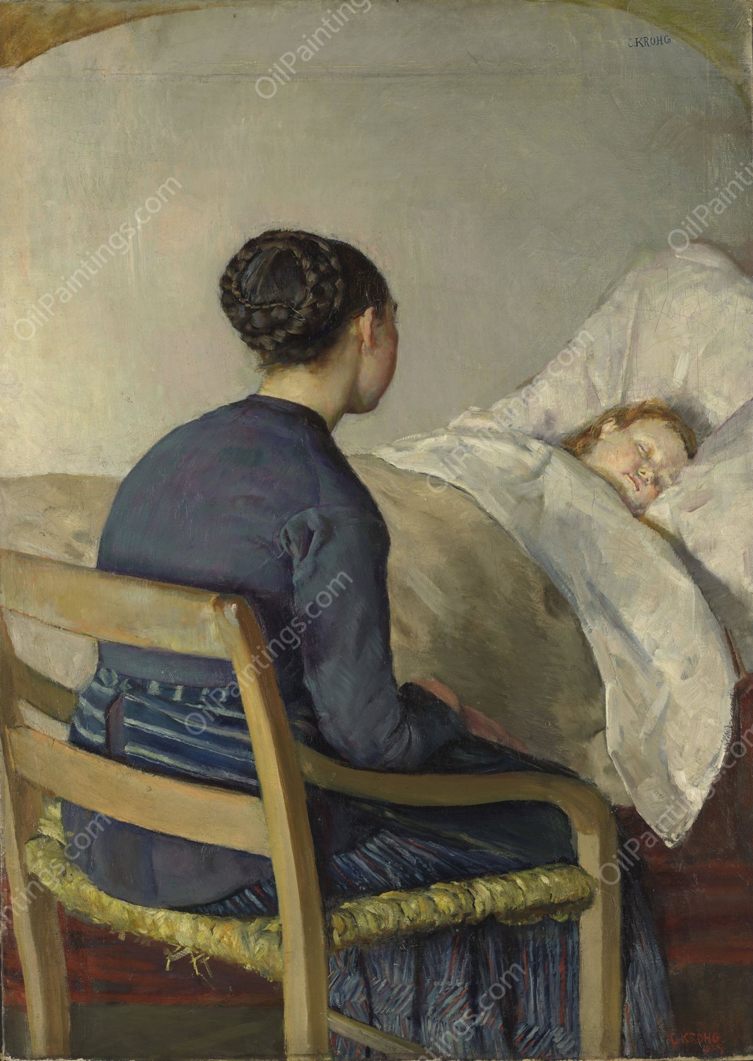 Mother at her Child's Bed  by Christian Krohg - Hand-Painted Oil Painting Reproduction