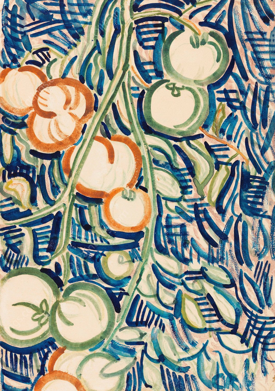 Herabhangender Zweig mit roten und grunen Tomaten  by Christian Rohlfs - Hand-Painted Oil Painting Reproduction