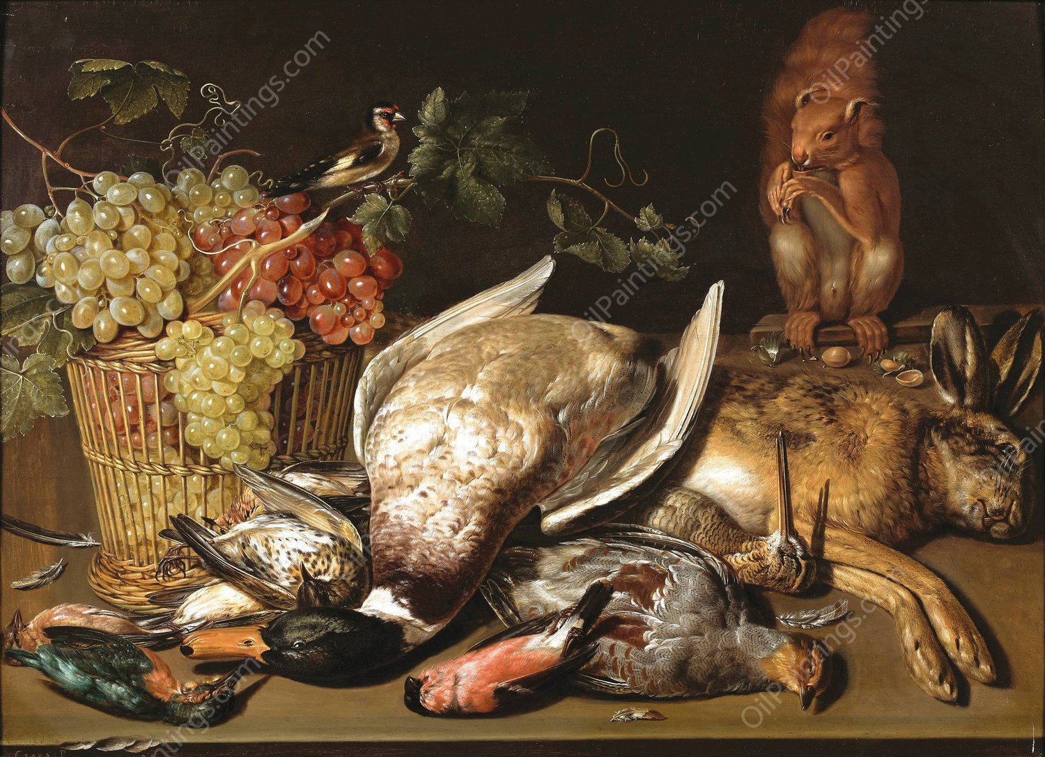 A basket of red and green grapes, a goldfinch, game and a squirrel on a wooden table by Clara Peeters - Hand-Painted Oil Painting Reproduction