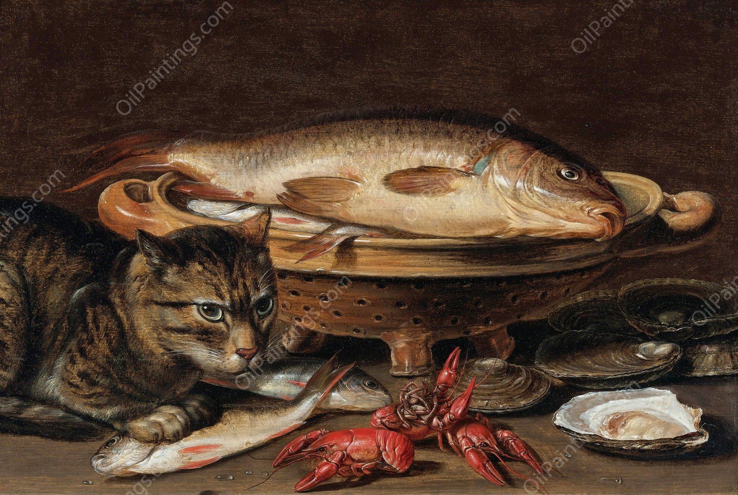 A Still Life With Fish In A Ceramic Collander, Oysters, Langoustines, Mackerel And A Cat On The Ledge Beneath by Clara Peeters - Hand-Painted Oil Painting Reproduction