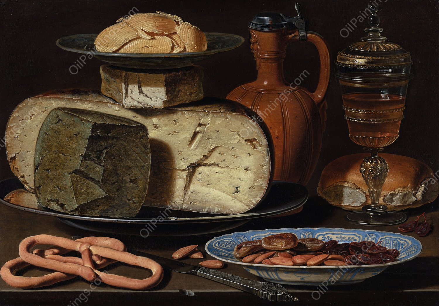 Still Life with Cheeses, Almonds and Pretzels  by Clara Peeters - Hand-Painted Oil Painting Reproduction