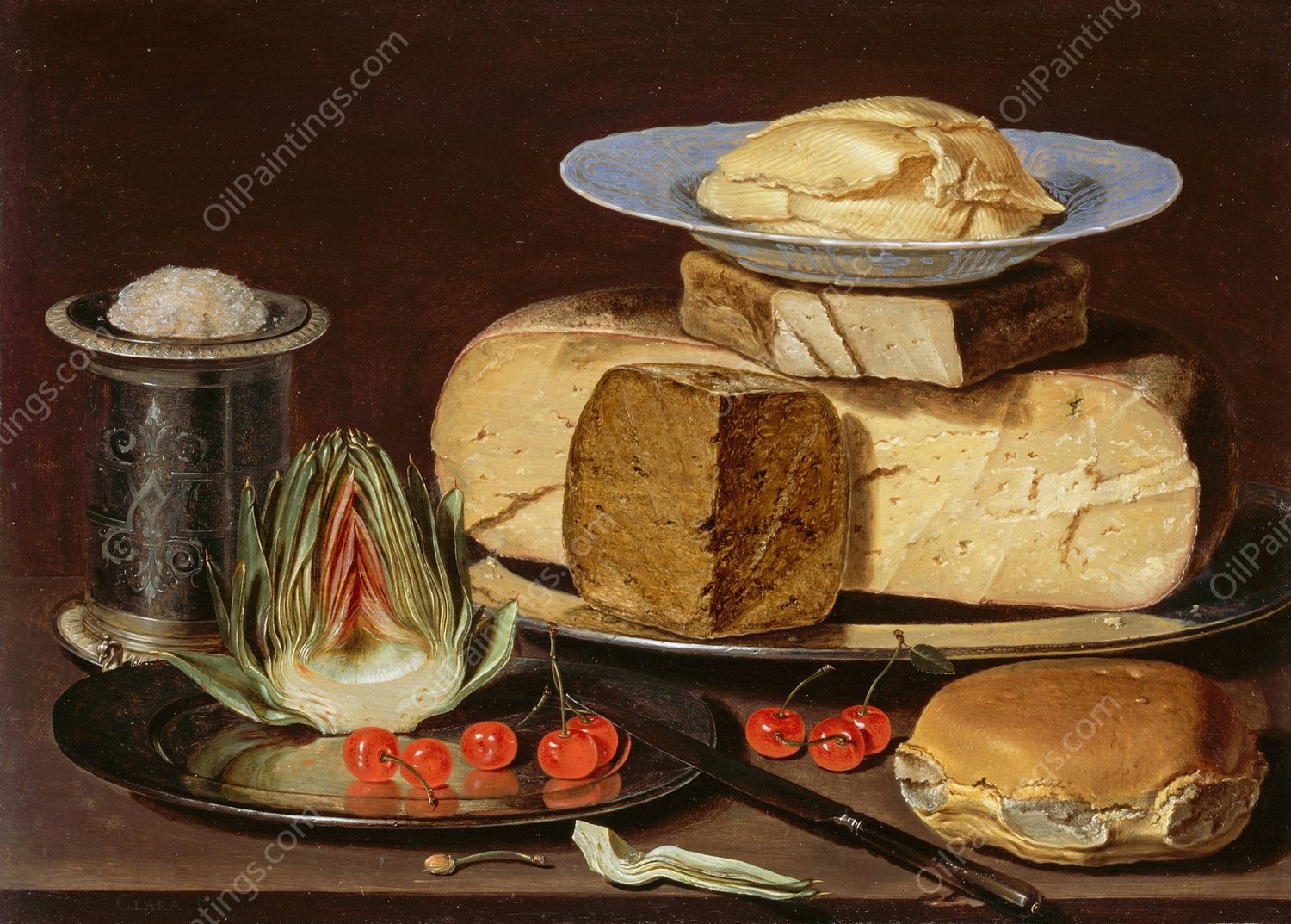 Still Life with Cheeses, Artichoke, and Cherries  by Clara Peeters - Hand-Painted Oil Painting Reproduction