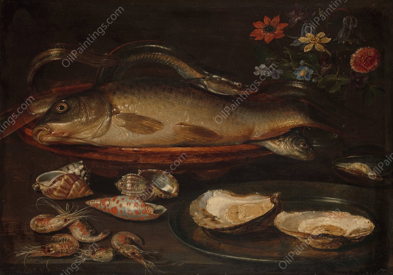 Still Life with Fish, Sea Food and Flowers  by Clara Peeters - Hand-Painted Oil Painting Reproduction