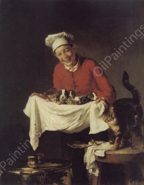 A Boy with Dogs and Kittens by Claude Joseph Bail - Hand-Painted Oil Painting Reproduction