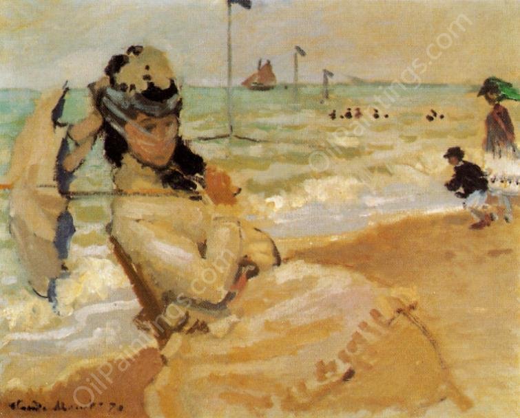 Camille on the Beach at Trouville by Claude Monet - Hand-Painted Oil Painting Reproduction
