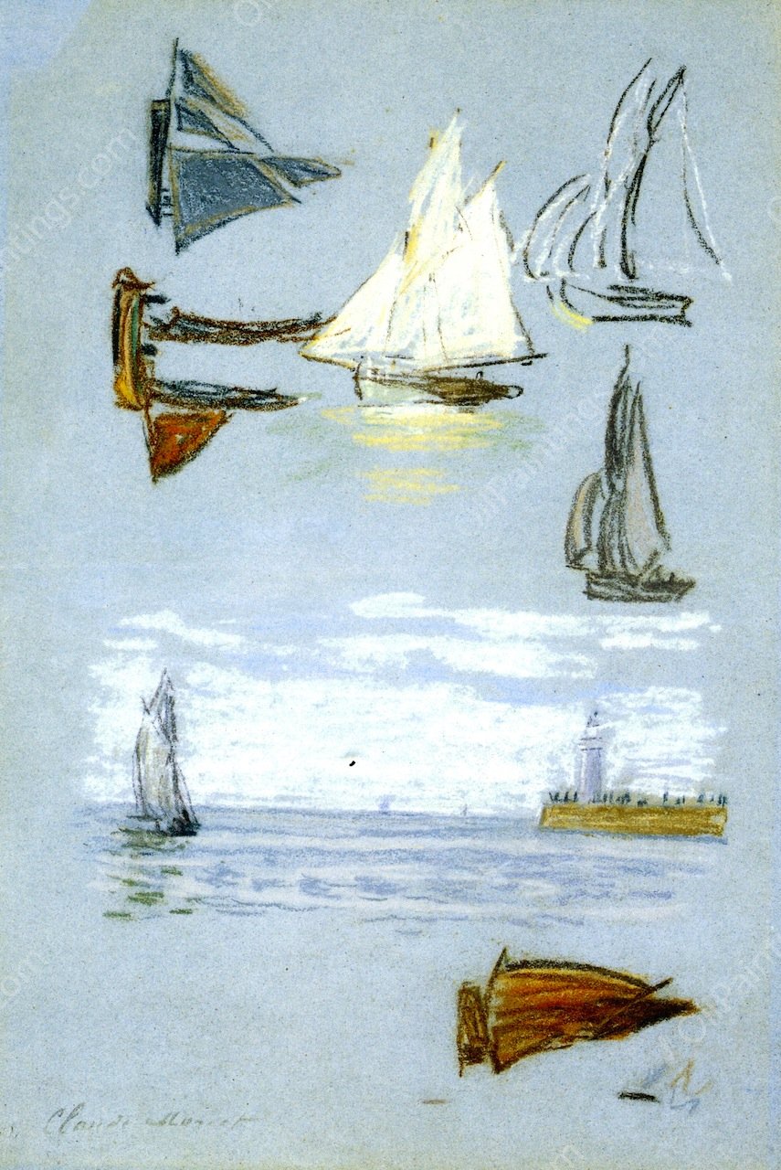 Study of Sailboats and Harbor by Claude Monet - Hand-Painted Oil Painting Reproduction