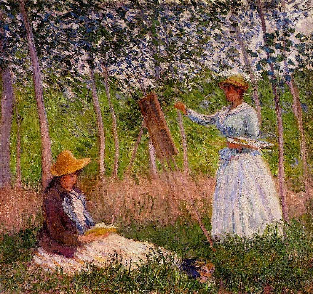 Suzanne Reading and Blanche Painting by the Marsh at Giverny by Claude Monet - Hand-Painted Oil Painting Reproduction