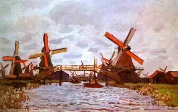 Windmills Near Zaandam by Claude Monet - Hand-Painted Oil Painting Reproduction