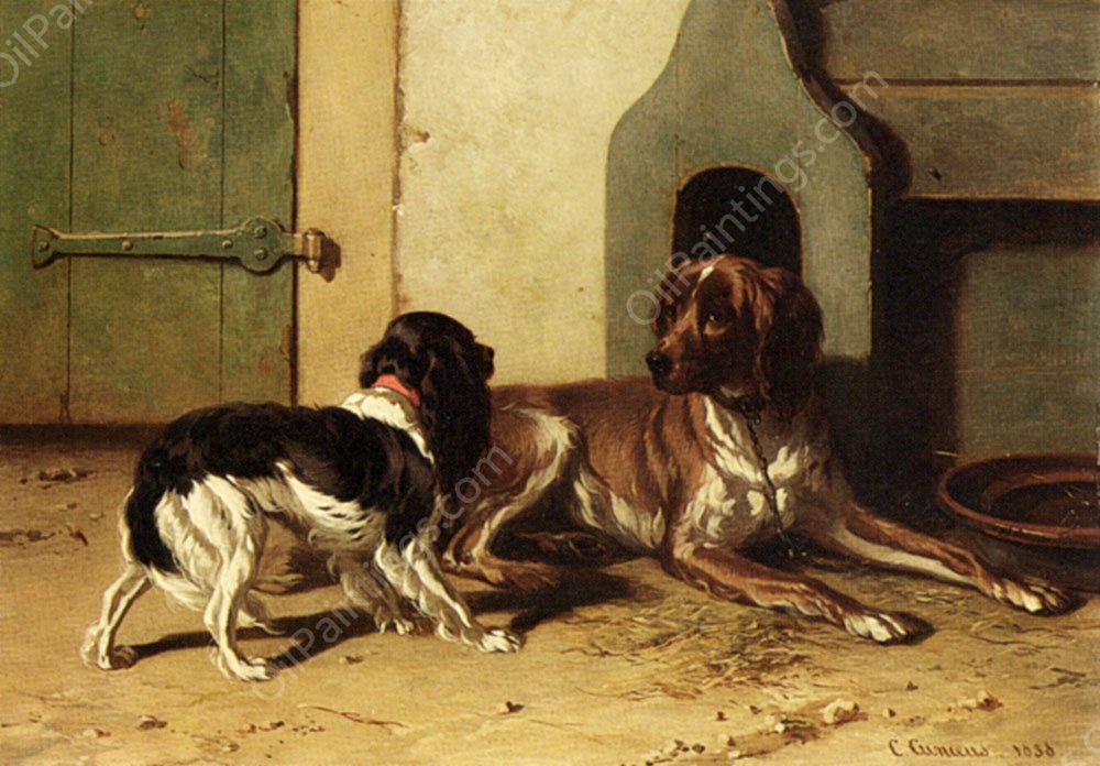 A King Charles Spaniel and a Drentse Partridge Dog by Conradyn Cunaeus - Hand-Painted Oil Painting Reproduction