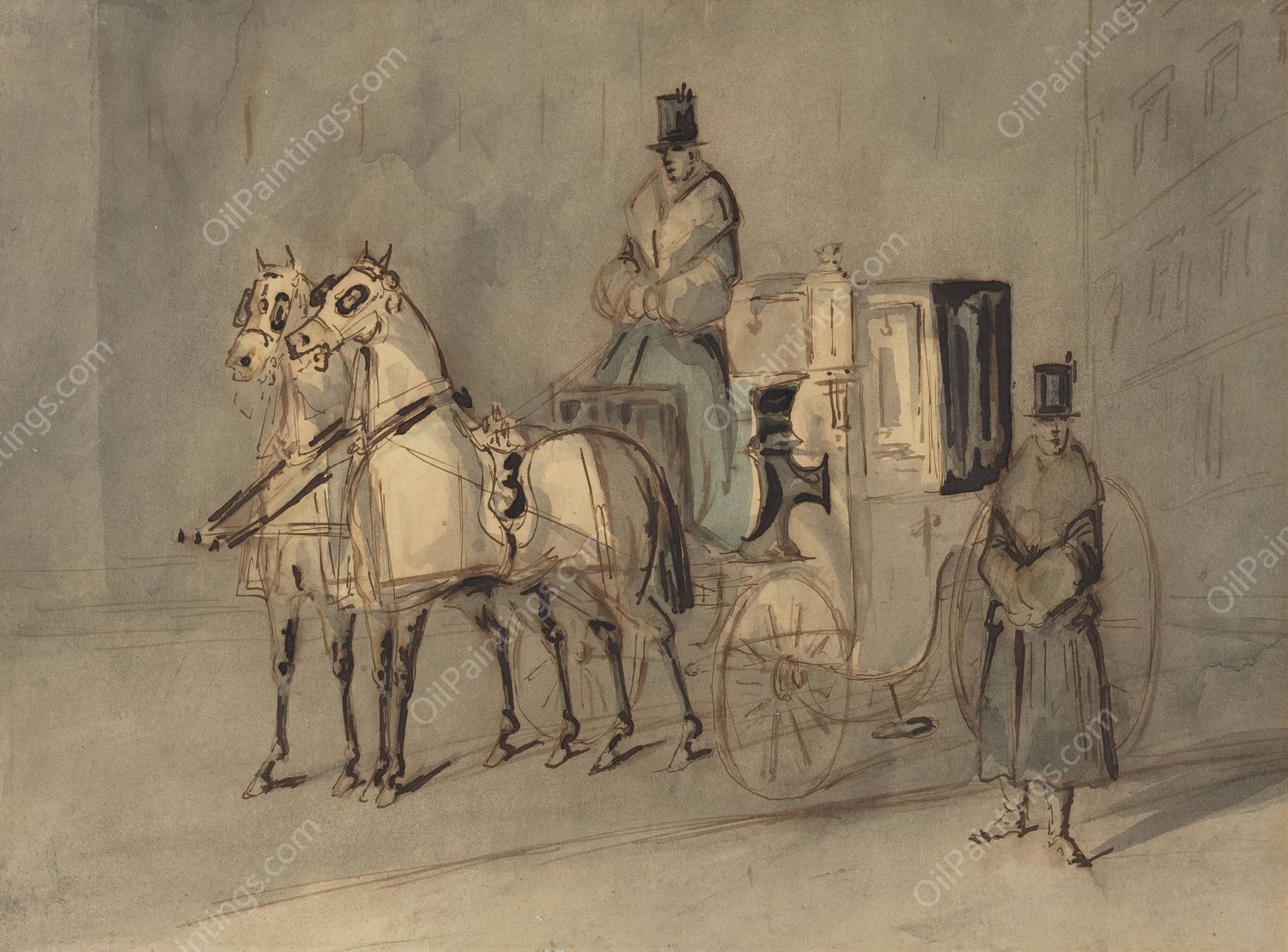 Carriage With Driver And Groom - Autumn by Constantin Guys - Hand-Painted Oil Painting Reproduction