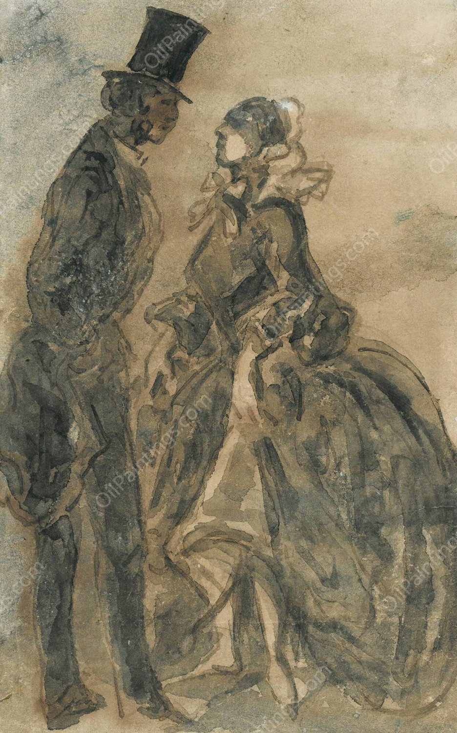 Couple by Constantin Guys - Hand-Painted Oil Painting Reproduction