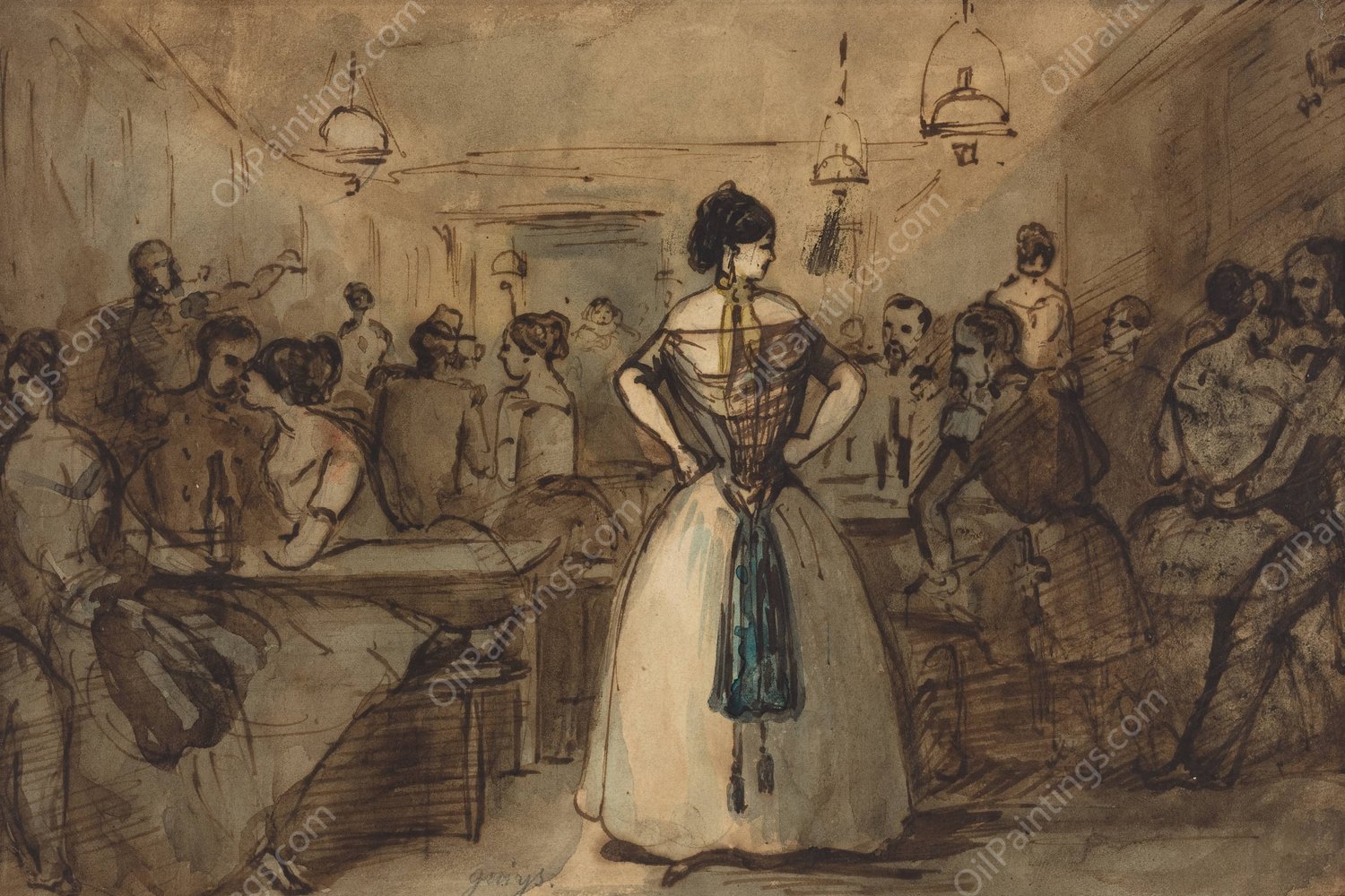 Officers And Courtesans In An Interior  by Constantin Guys - Hand-Painted Oil Painting Reproduction