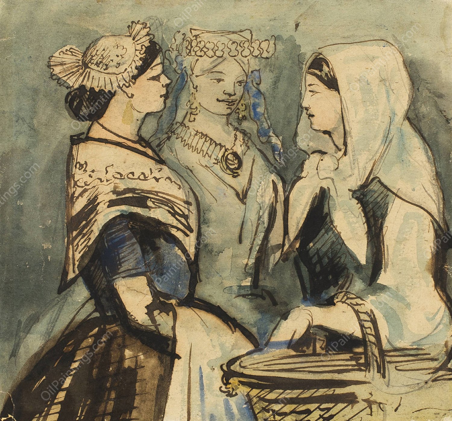 Three Servant Women by Constantin Guys - Hand-Painted Oil Painting Reproduction