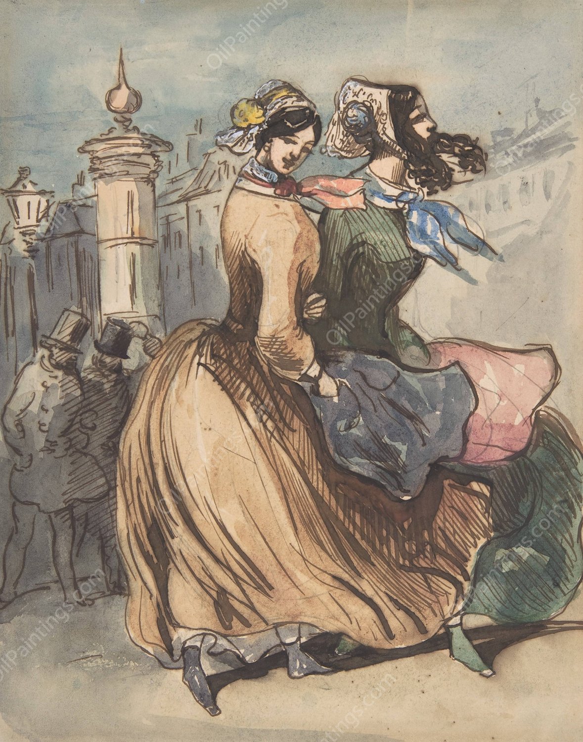 Two Grisettes  by Constantin Guys - Hand-Painted Oil Painting Reproduction