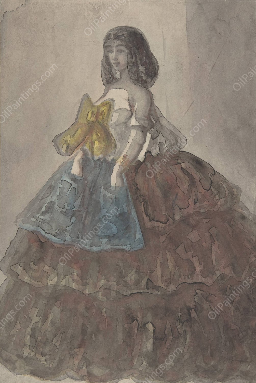 Woman in a Tiered Gown with a Large Bow  by Constantin Guys - Hand-Painted Oil Painting Reproduction