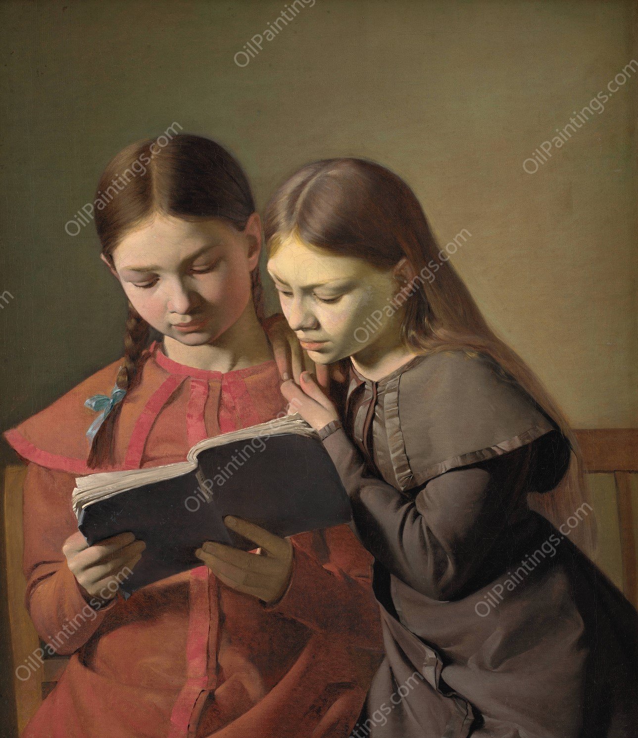 The Artist's Sisters Signe and Henriette Reading a Book  by Constantin Hansen - Hand-Painted Oil Painting Reproduction