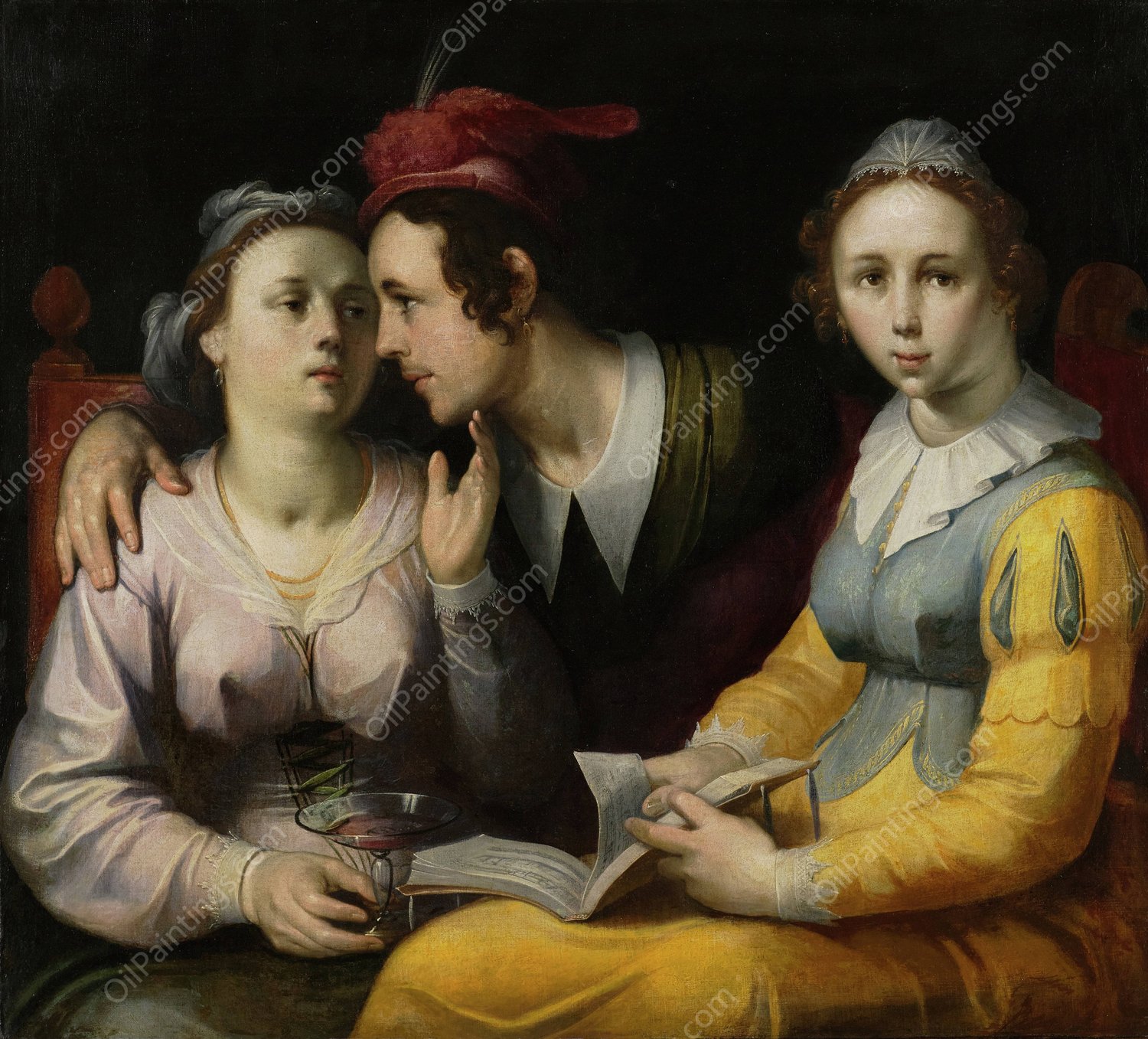 A Courting Couple and Woman with a Songbook  by Cornelis Cornelisz Van Haarlem - Hand-Painted Oil Painting Reproduction