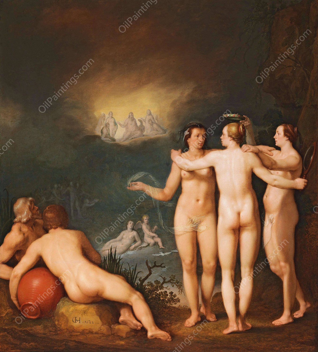 An allegorical scene featuring the Three Graces Aglaia by Cornelis Cornelisz Van Haarlem - Hand-Painted Oil Painting Reproduction