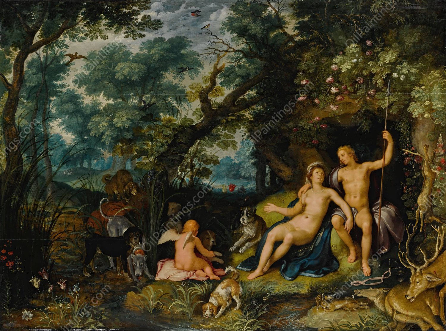 Venus and Adonis resting in an extensive landscape, with Cupid and hunting dogs and their quarries by Cornelis Cornelisz Van Haarlem - Hand-Painted Oil Painting Reproduction
