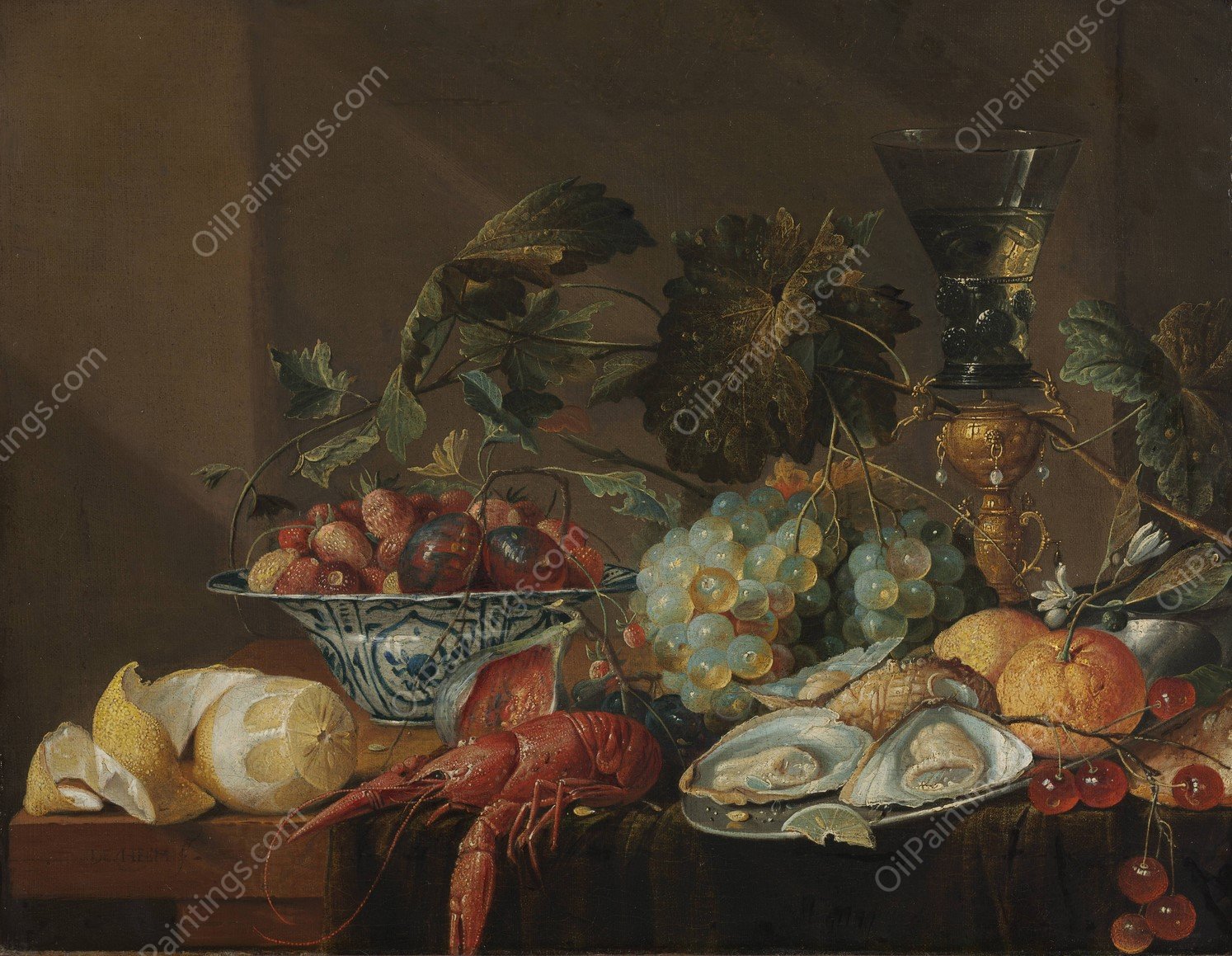 Still-Life with Crayfish, Oysters, and Fruit  by Cornelis De Heem - Hand-Painted Oil Painting Reproduction