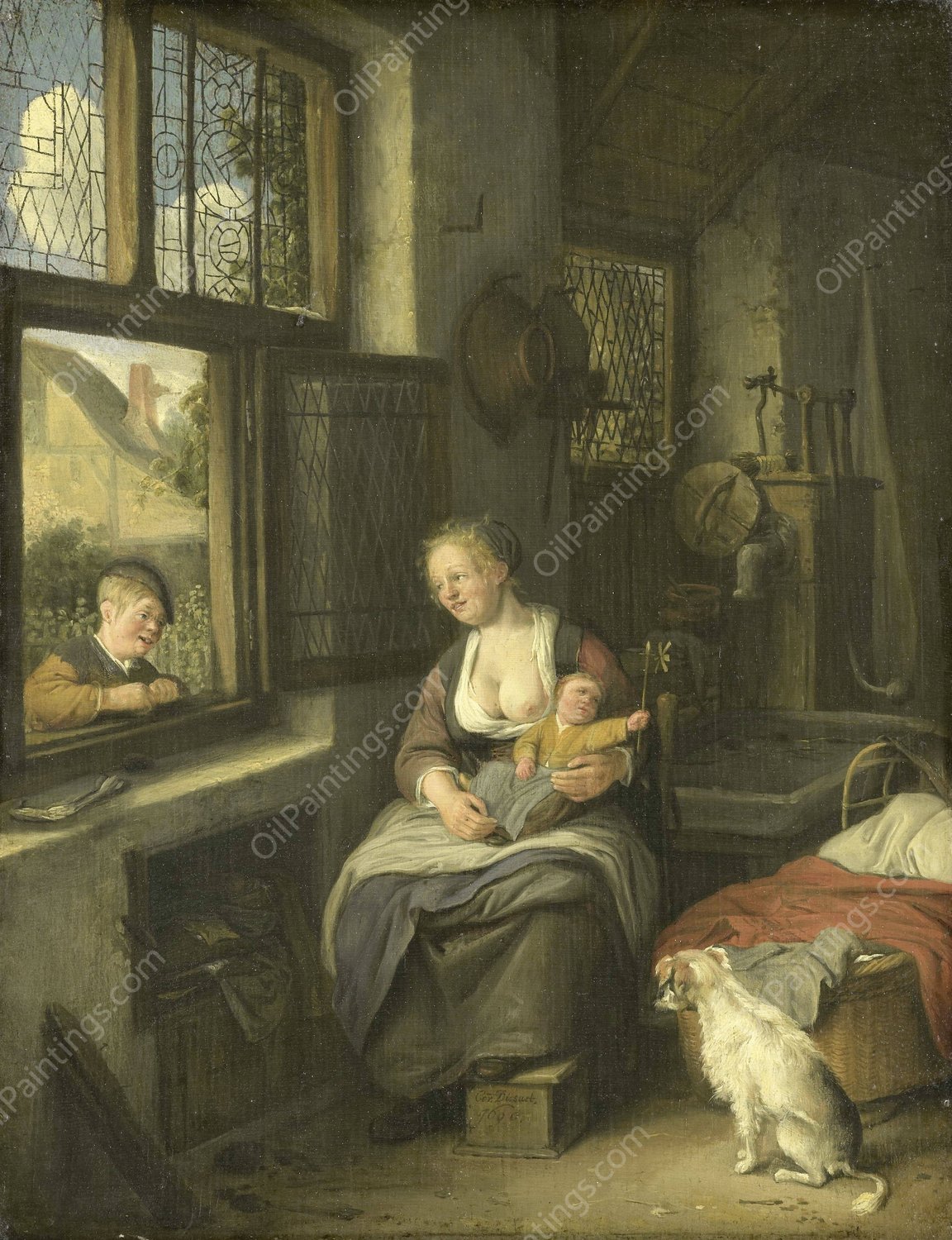 A Mother with her Children  by Cornelis Dusart - Hand-Painted Oil Painting Reproduction
